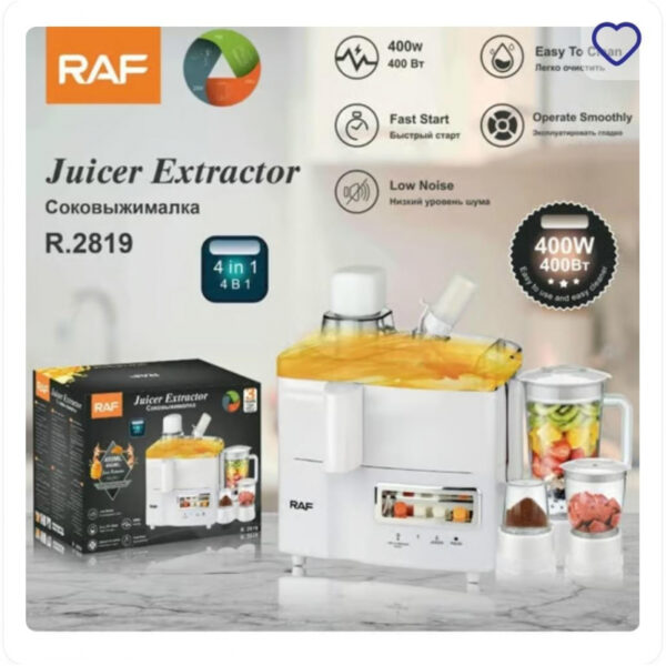Raf Food Processor 4In1 400W 1.5L Multifunctional Plastic Jar Juicer, Blender, Chopper, Grinder With Full Copper Motor, Low Noise, Smooth Operation R.2819