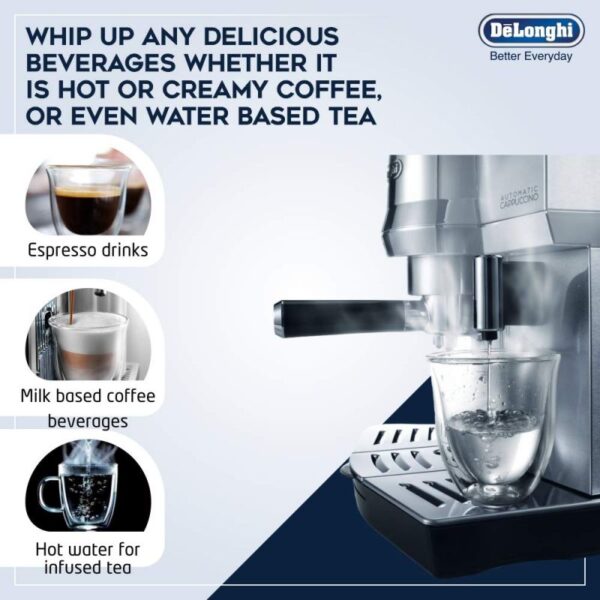 De'Longhi Expresso Maker Pump Driven &Amp; Cappuccino Machine 1450W (Metallic) Latte Macchiato Hot Milk Removable Drip Tray Ec850.M