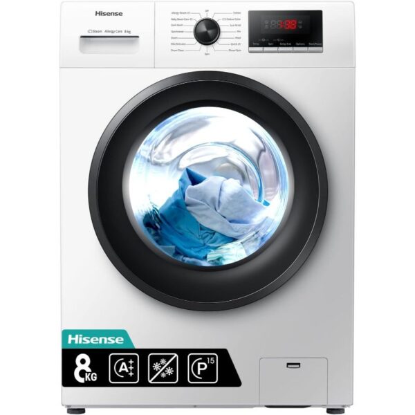 Hisense Washing Machine 8Kg Front Load, Steam Care, Durable Inverter, Pure Jet Wash, Delay End, White Wfqp8012Vms