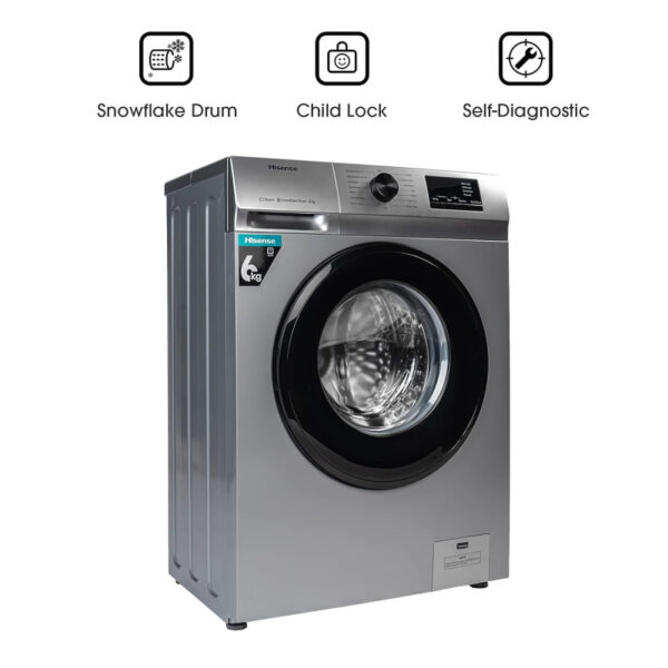 Hisense Washing Machine 6Kg Automatic, Front Load, Snowflake Drum, Drum Clean, Silver Wfvc6010S