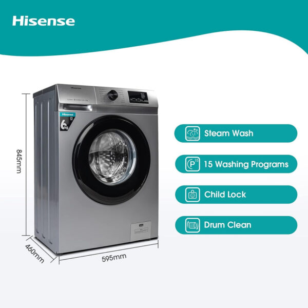 Hisense Washing Machine 6Kg Automatic, Front Load, Snowflake Drum, Drum Clean, Silver Wfvc6010S
