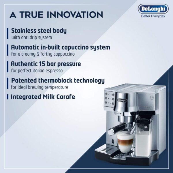 De'Longhi Expresso Maker Pump Driven &Amp; Cappuccino Machine 1450W (Metallic) Latte Macchiato Hot Milk Removable Drip Tray Ec850.M