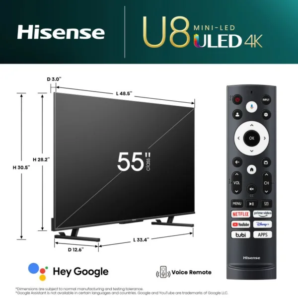 Hisense 75&Quot; Uled Tv Smart Uhd Mini Led 4K Google, Pro Quantum, Dolby Vision Atmos, Peak Brightness, Total Hdr Solutuion, 2.1.2 Multi Channel Surround 75U8K