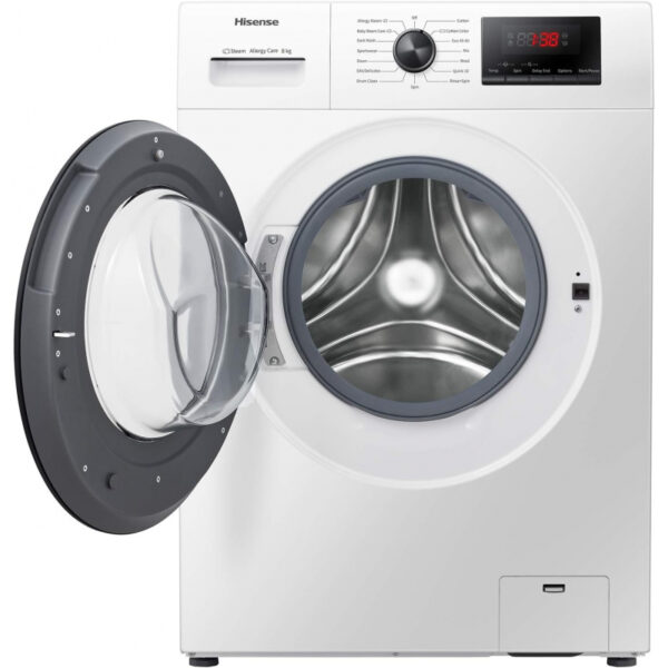 Hisense Washing Machine 8Kg Front Load, Steam Care, Durable Inverter, Pure Jet Wash, Delay End, White Wfqp8012Vms