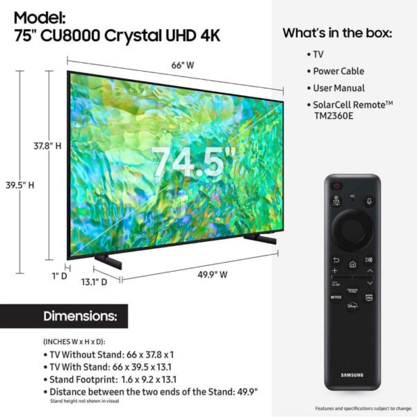 Samsung 75&Quot; Crystal Uhd 4K Smart Tv Cu8000 Series With Air Slim Design, Hdr, Ots Lite, Q-Symphony, Smart Hub, Motion Xcelerator, Solarcell Remote 75Cu8000