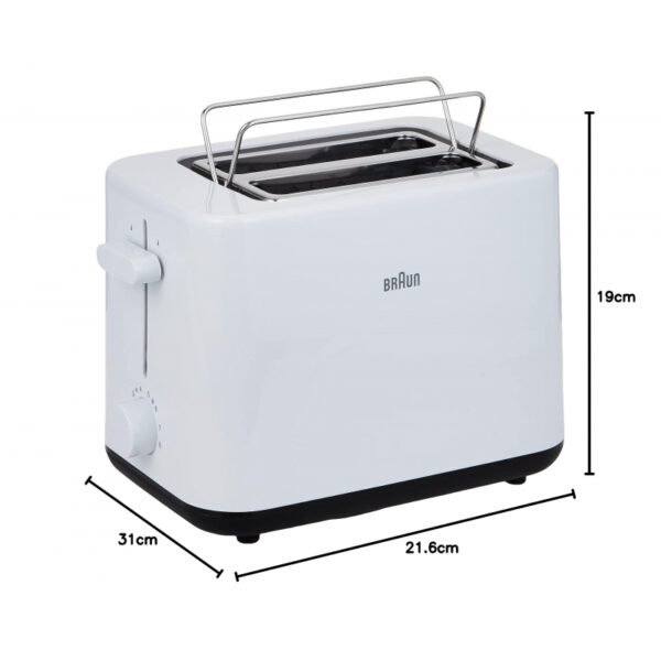 Braun Toaster 900W With 2 Slots, 8 Toast Levels, Pull Out Tray, Bread Lifter, Bun Warmer, 900 W, Plastic, White Ht101Ai-Ht1010Wh