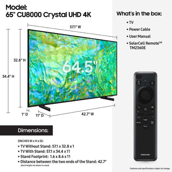 Samsung 65&Quot; Crystal Uhd 4K Smart Tv Cu8000 With Air Slim Design, ,Ots Sound, Q-Symphony, Motion Xcelerator, Smart Hub, Solarcell Remote 65Cu800