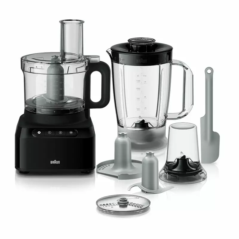 Braun Food Processor 7 Attachment , 800W, 2 Speeds, Pulse Function, 1.2L Capacity, Blender &Amp; Bowl 2L , Slicing And Grating Disc, Dough, Ice Crusher Blade, Fp301Ai-Fp3132Bk