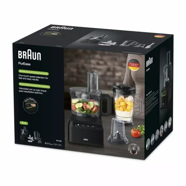 Braun Food Processor 7 Attachment , 800W, 2 Speeds, Pulse Function, 1.2L Capacity, Blender &Amp; Bowl 2L , Slicing And Grating Disc, Dough, Ice Crusher Blade, Fp301Ai-Fp3132Bk