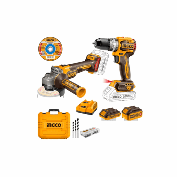 Ingco 2Pcs Cordless Combo Kit Lithium-Ion 20V With Agnel Grinder &Amp; Impact Drill Ckli20273
