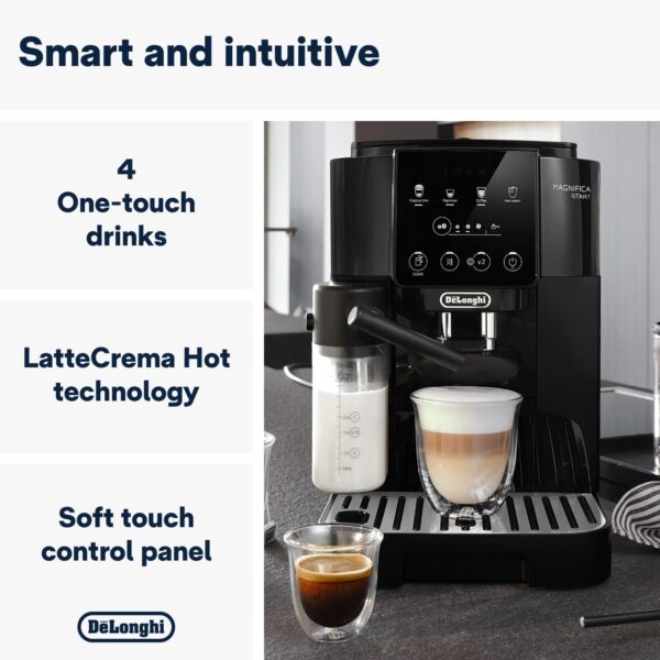 De'Longhi Magnifica Start Fully Automatic Bean To Cup Coffee Machine With 4 One-Touch Recipes, Soft-Touch Control Panel, Auto Milk, 1450W, Black Ecam220.60.B