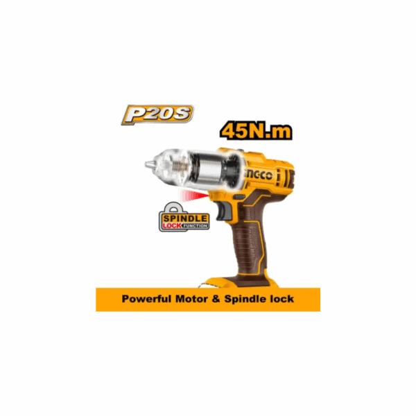 Ingco Cordless Drill Lithium-Ion 20V 45Nm With Integrated Work Light &Amp; Led Battery Power Indicator Cdli200518