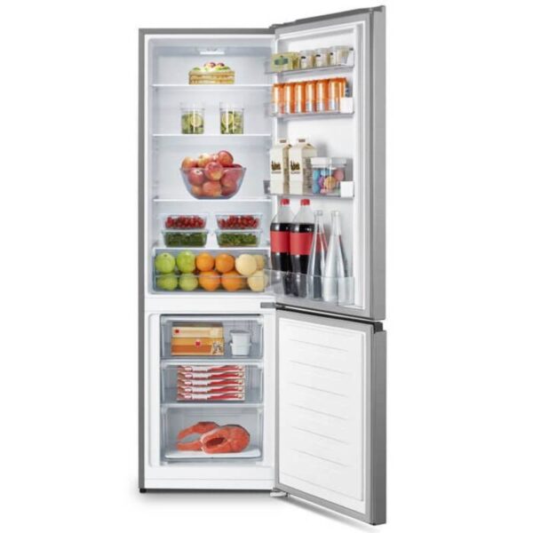 Hisense Refrigerator 265L Double Door, Bottom Freezer, Defrost Cooling, Recessed Handle, Big Guard, Tempered Glass, Led Light, Inox H370Bit