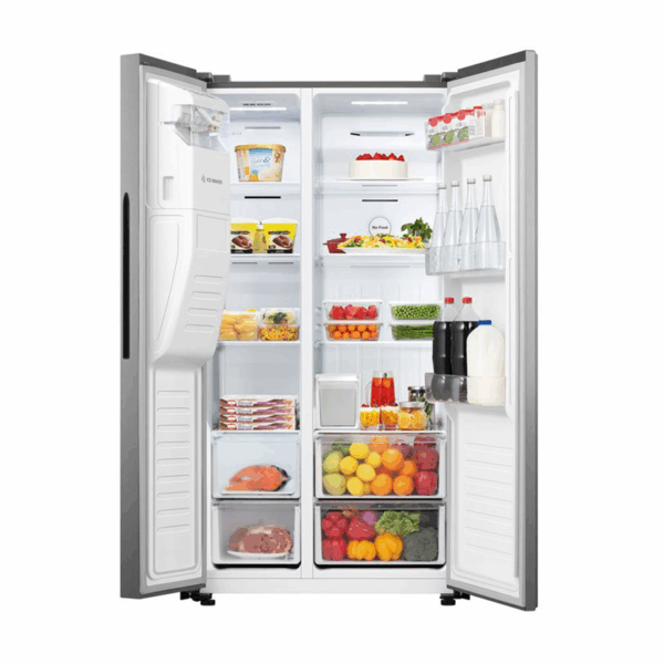 Hisense Refrigerator 474L Side By Side Door, Water Dispenser, Ice Maker, No Frost, Multi Airflow, Touch Electronic Control, Led Lighting, Water Tank, Super Freeze, Stainless Steel H690Ss-Idl