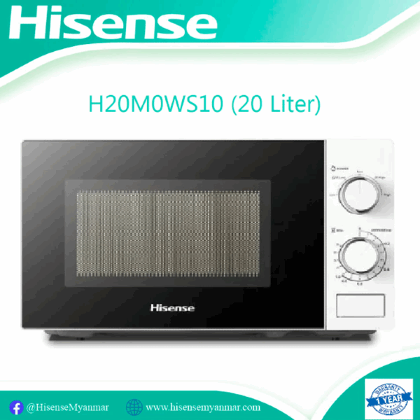 Hisense Microwave 20L 700W Solo Manual, Knobs Push Button, 6 Power Levels, Defrost, Cooking Timer, Cooking Signal, Painted Cavity, Without Grill, White H20Mows10