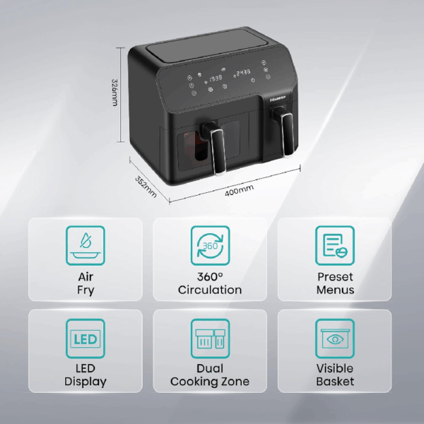 Hisense Dual Air Fryer 8.6L With Led Touch Control Panel, Two Cooking Basket 5.3L &Amp; 3.3L, Black H09Afbk2S5