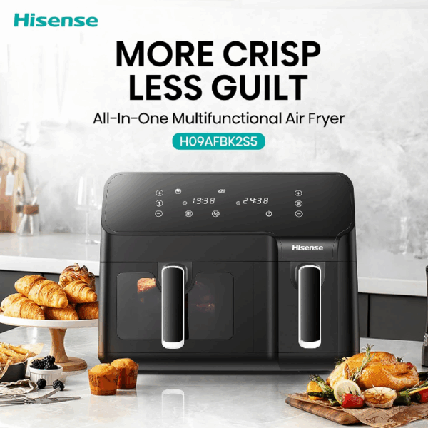 Hisense Dual Air Fryer 8.6L With Led Touch Control Panel, Two Cooking Basket 5.3L &Amp; 3.3L, Black H09Afbk2S5