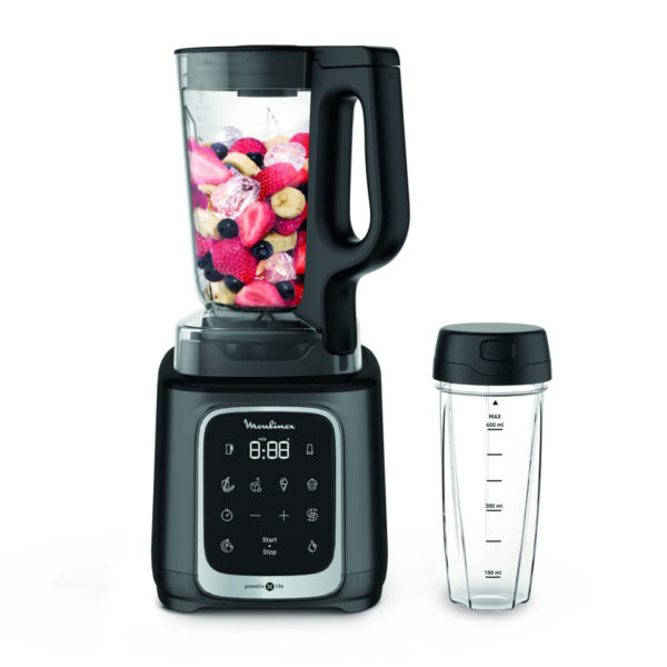 Moulinex Blender 2.6L Tritan Blender Jar With 2 Mills, 1600W, Razor Sharp 6 Blades, Infinity Mix, Digital Touch Control With 5 Automatic Programs, 10 Speed Settings, On The Go Bottle Lm91Hd27