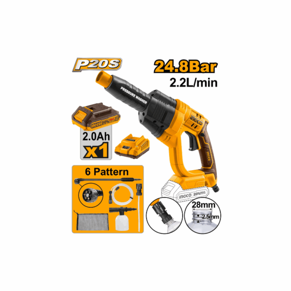 Ingco Cordless Pressure Washer Lithium-Ion 20V With Battery &Amp; Charger Cpwli20082