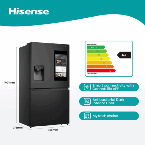 Hisense Refrigerator 536L French Door With Plumbed Led Screen, Wifi, Water &Amp; Ice Dispenser Black Stainless Steel H750Fsb-Ids