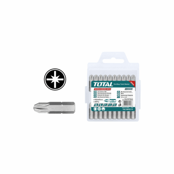 Total Screw Driver Bit Set Pz2 25Mm, Magnetic, S2 Nickel Plated 20Pcs Set Tac16Pz213