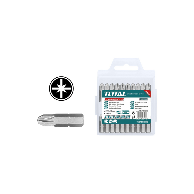 Total Screw Driver Bit Set Pz2 25Mm, Magnetic, S2 Nickel Plated 20Pcs Set Tac16Pz213
