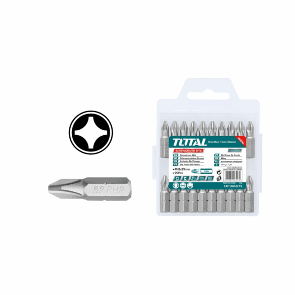 Total Screw Driver Bit Set Ph2 25Mm, Magnetic, S2 Nickel Plated 20Pcs Set Tac16Ph213