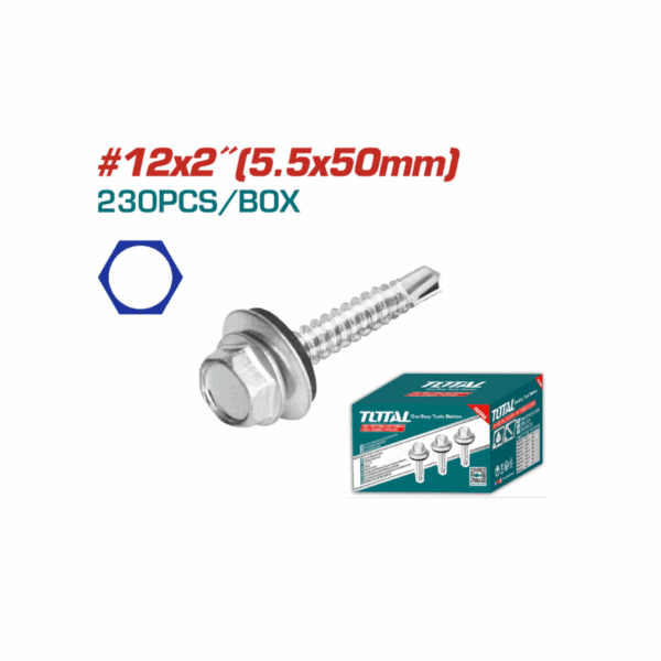 Total Self Drilling Hex Screw With Rubber Washer, Zinc Plated 12X2&Quot; (5.5X50Mm) 230Pcs Thwhd1221