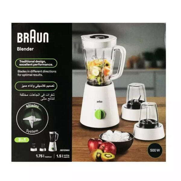 Braun Blender 1.5L 500W Mill &Amp; Chopper Powerblend Triangular Plastic  Jug, 2 Speed, Ice Crushing Function, Stainless Steel Blades Jb0123Wh