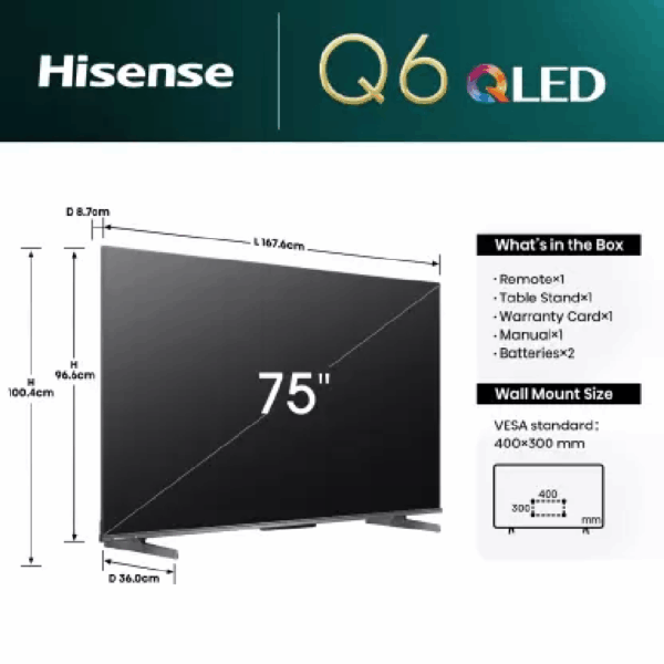 Hisense 75&Quot; Qled Uhd 4K Smart Tv With Quantum Dot Colour, 120Hz, Dolby Vision, 4K Ai Upscaler, Game Mode Plus, Voice Control, Vidaa 75Q6N