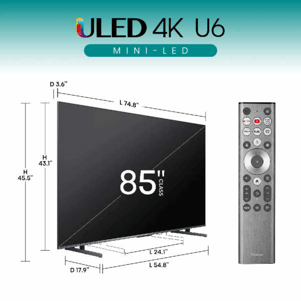 Hisense 85&Quot; Mini-Led Qled Uhd 4K Smart Tv With Quantum Dot Color, Dolby Vision &Amp; Atmos, Hdr 10+, Voice Control, Google Tv 85U6N-Pro