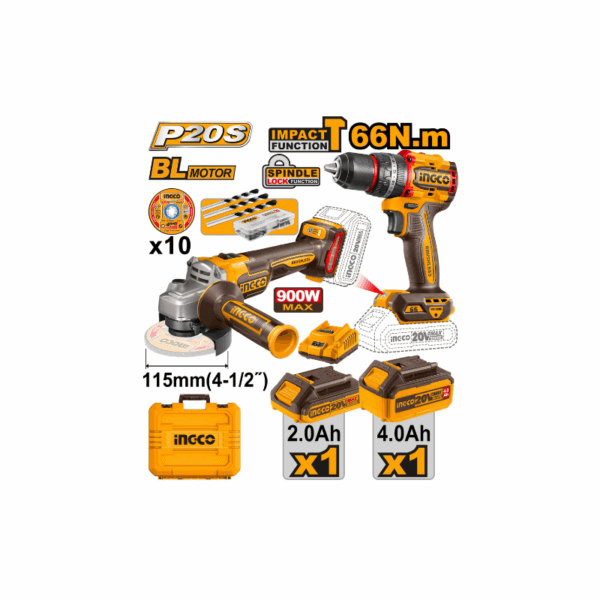 Ingco 2Pcs Cordless Combo Kit Lithium-Ion 20V With Agnel Grinder &Amp; Impact Drill Ckli20273