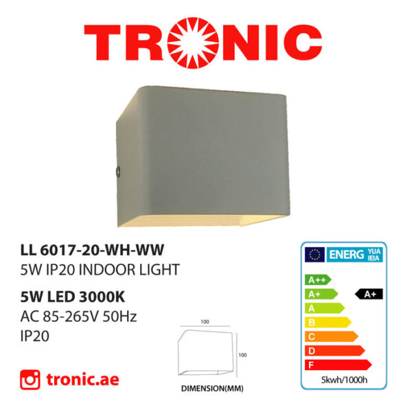 Tronic 5 Watts White Square Directional Wall Light