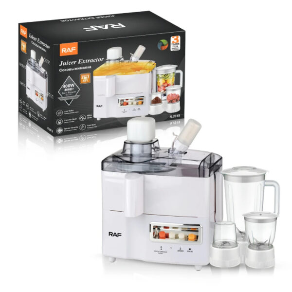 Raf Food Processor 4In1 400W 1.5L Multifunctional Plastic Jar Juicer, Blender, Chopper, Grinder With Full Copper Motor, Low Noise, Smooth Operation R.2819