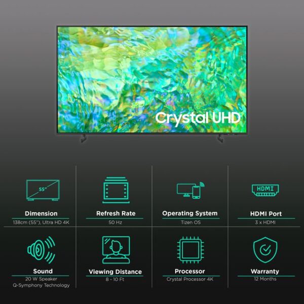 Samsung 55&Quot; Led Uhd Smart Tv With Dynamic Crystal Color, Crystal Processor 4K, Air Slim Design 55Cu8000