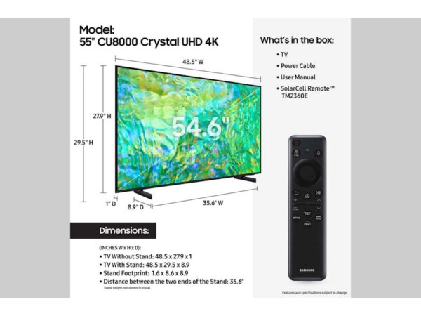 Samsung 55&Quot; Led Uhd Smart Tv With Dynamic Crystal Color, Crystal Processor 4K, Air Slim Design 55Cu8000