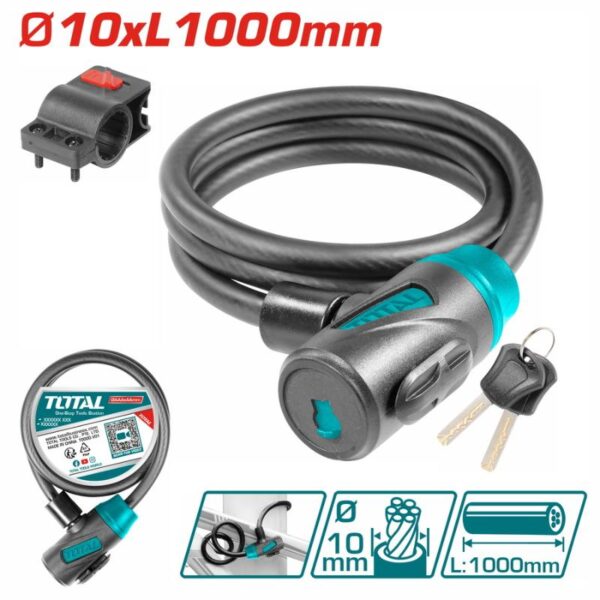 Total Padlocks Bicycle Lock 10X1000Mm With Lock Frame, Can Be Rolled Up For Easy Storage With 2Pcs Iron Keys Tbk11010