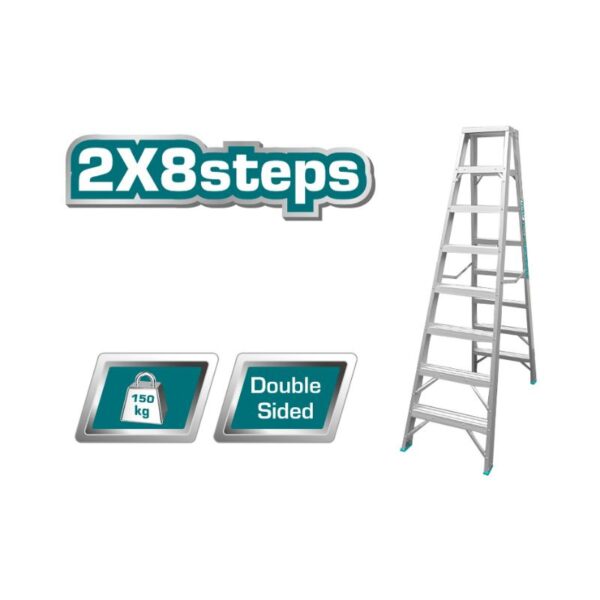 Total Double Sided Folding Ladder Aluminium 2 X 8 Steps, Easily Foldable For Space Saving Storage, Oxidation Thlad01081