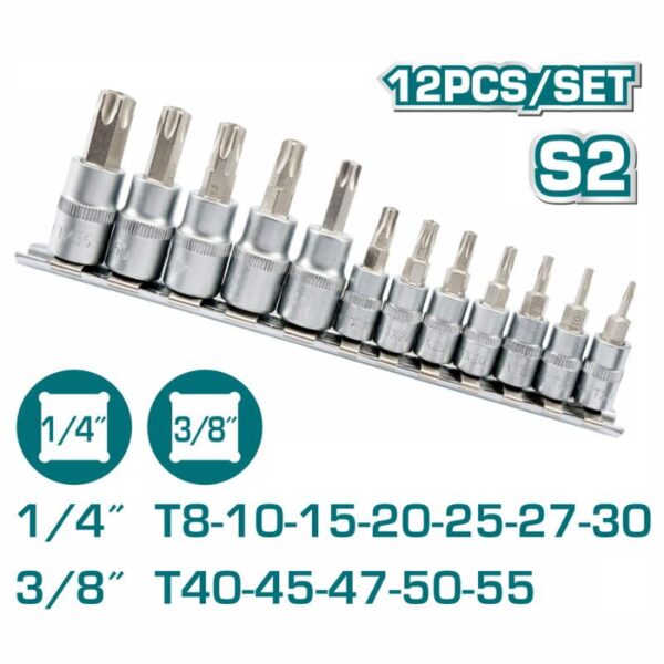 Total Torx Bit Socket Spanner Set S2 Chromed Plated 1/4&Quot;, 3/8&Quot; 12Pcs Tht1438121