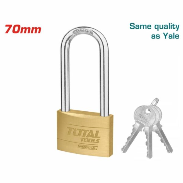 Total Brass Padlock Heavy Duty Long Shackle 70Mm, Solid Brass Cylinder With Pins, 3Pcs Brass Keys Tlk32702L