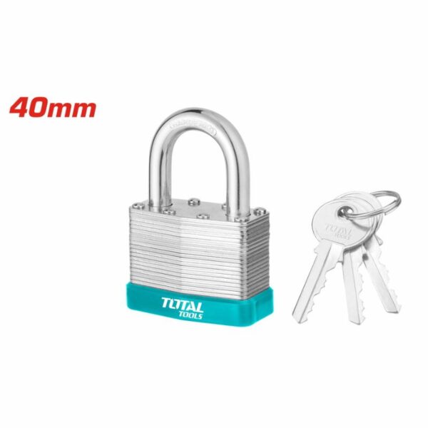 Total Laminated Padlock 40Mm With 3 Iron Keys, Solid Brass Cylinder With Bolts Tlpk36401