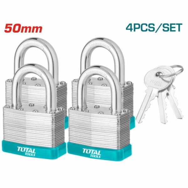 Total Laminated Key Alike Padlock 50Mm With 4 Iron Keys, Solid Brass Cylinder With Bolts 4Pcs Set Tlpk365004