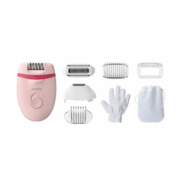 Philips Satinelle Essential Corded Compact Epilator With 7 Accessories, Exfoliation Glove &Amp; Carry Pouch, Opti-Light For Legs, Arms &Amp; Underarms Bre285