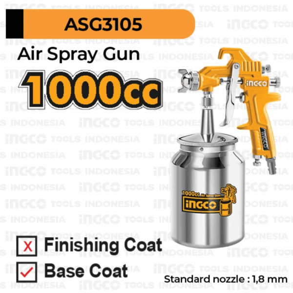 Ingco Air Spray Gun 1000Cc With With Europe, Usa, Nitto &Amp; Italy Type Connector Asg3105