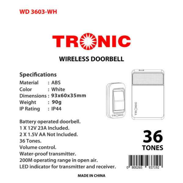 Tronic Wireless Doorbell Wd 3603-Wh