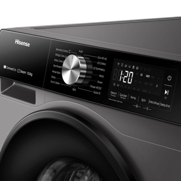 Hisense Washing Machine 10Kg, Front Load A+++ Energy Efficiency Class, Jet Wash, Allergy Steam And Baby Steam Care, Intelligent Led Display, Durable Inverter Motor Titanium Wf3S1043Bt