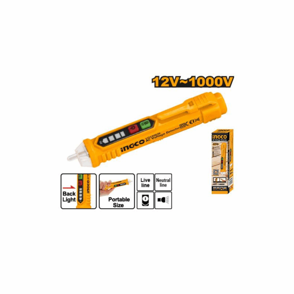 Ingco Ac Voltage Detector 12-1000V With Alarm Mode, Flash Light, 2Pcs R03 Aaa Batteries N Vd100026