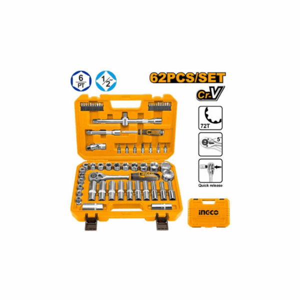 Ingco 62Pcs 1/2&Quot; Socket Set With Cr-V Steel Material, Three Color Soft Handle Hkts12602