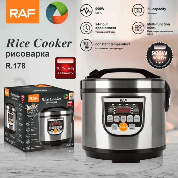 Raf Rice Cooker 5L 900W, Multi Function Menu, Constant Temperature, 24 Hour Timer, Fry, Heat, Steam, Bake &Amp; Stew R.178