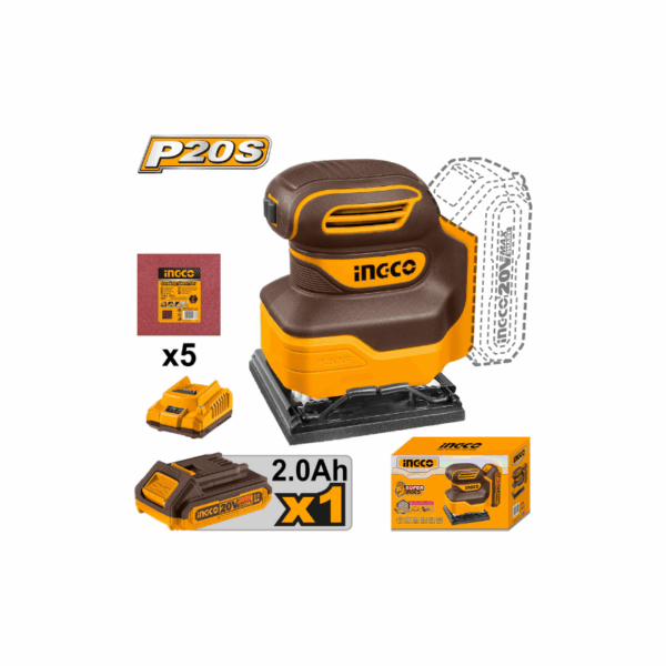 Ingco Cordless Sheet Sander 20V With Battery &Amp; Charger, 5Pcs Sand Paper Cshsli20141